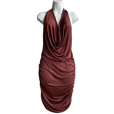 ALEXIA ADMOR Ruched Bodycon Halter Dress Size L  Brown Backless Party Cocktail
