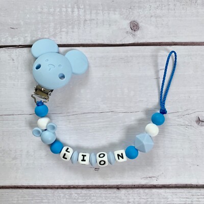 Schnullerkette Schnullerhalter mit Namen Junge Silikon blau weiß Maus