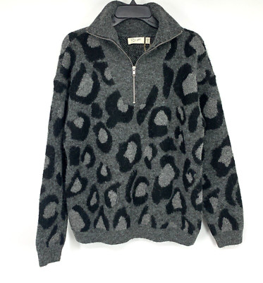 RD Style Sweater Womens Large Gray Black Leopard Animal Print 1/4 Zip Pullover