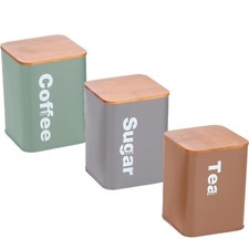 Multi 3pc Tea Coffee Sugar Kitchen Storage Canister Tins Jar Set W Bamboo Lids