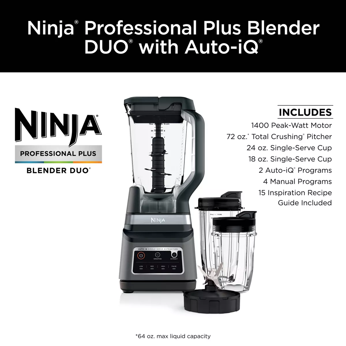 Ninja Auto IQ,  Plus, Professional Blender, Gray, Black (BN753)