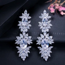 Women Silver Plated Leaf CZ Zircon Long Drop Chandelier Earrings Wedding Jewelry
