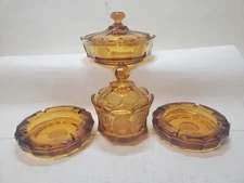 Vintage Fostoria Amber Coin Glassware Set (2-5"Ashtrays,1-4.25 " Lidded Dish,...