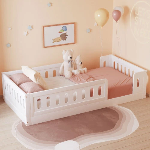 Marcos de cama de piso de tamaño doble con plataforma de barandilla cama para sala de juegos dormitorio infantil Foto 2 de 4