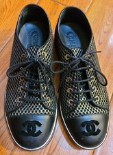 100 AUTH 16B Pre-Owned CHANEL Black/Gold Mesh CC Logo Cap Toe Sneaker Sz 37