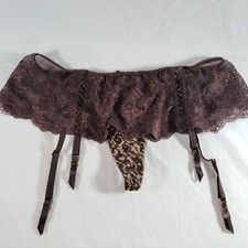 Victoria's Secret Garter Belt Thong Skirt Medium Floral Mesh Lace Brown