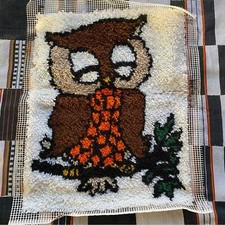 Vintage 70 s Latch Hook sleepy Owl wall hanging folk art. Large. 26 x 20