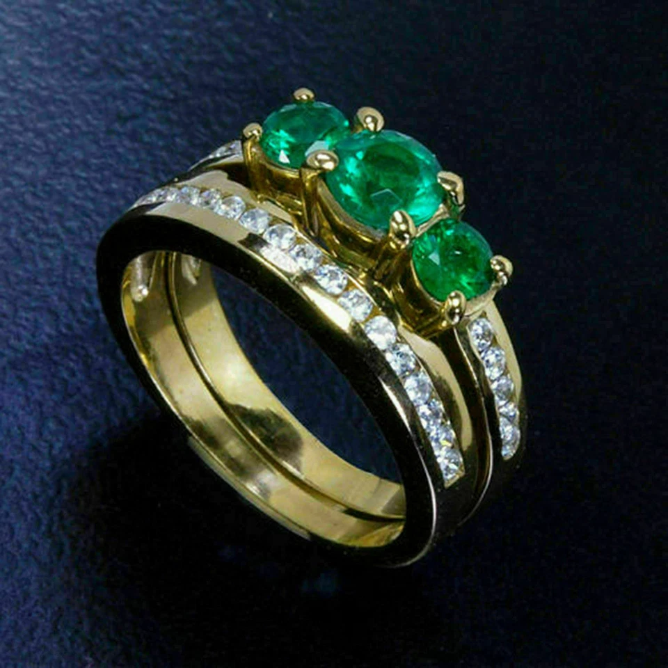 Комплект круглых имитируемых свадебных колец из трех изумрудов 3,0 карата серебро 925 позолота - Изображение 3 из 4