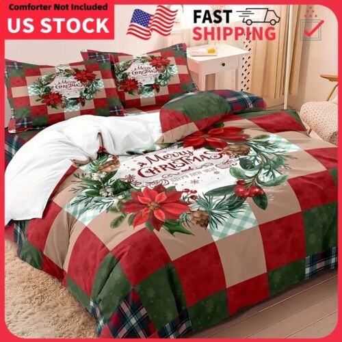 2/3pcs Plaid & Floral Wreath Flower Printed Pattern Duvet Cover Bedding Set Soft