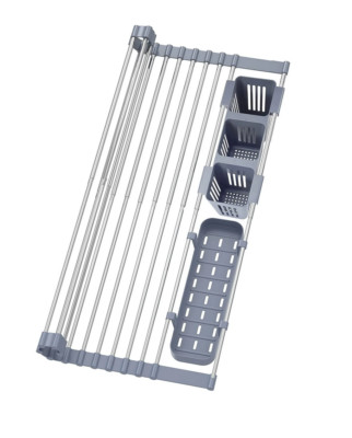 Dish Drying Rack Over Sink Kitchen Roll Up Expands 22.8'' Two Storage Baskets