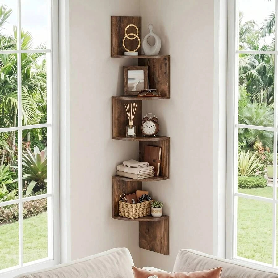 1Pc 5-Tier Solid Wood Corner Wall Shelf Floating Storage Organizer