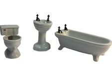 Vintage Dollhouse Porcelain Bathroom Set Claw Foot Tub Bathtub Sink Toilet White