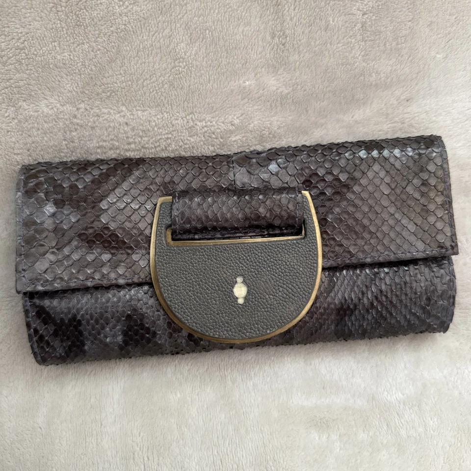 R&Y Augousti Python Snake Skin Leather Snap Wallet Clutch Gray Vintage - Image 2 of 4