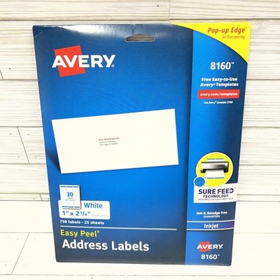 NEW Avery 8160 Address Labels w Sure Feed for Inkjet Printers 1x2-5/8 inch - 750
