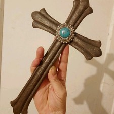 Rustic Western Wall Cross Vtg Design Faux Metal, Turquoise, Silver Conch Resin