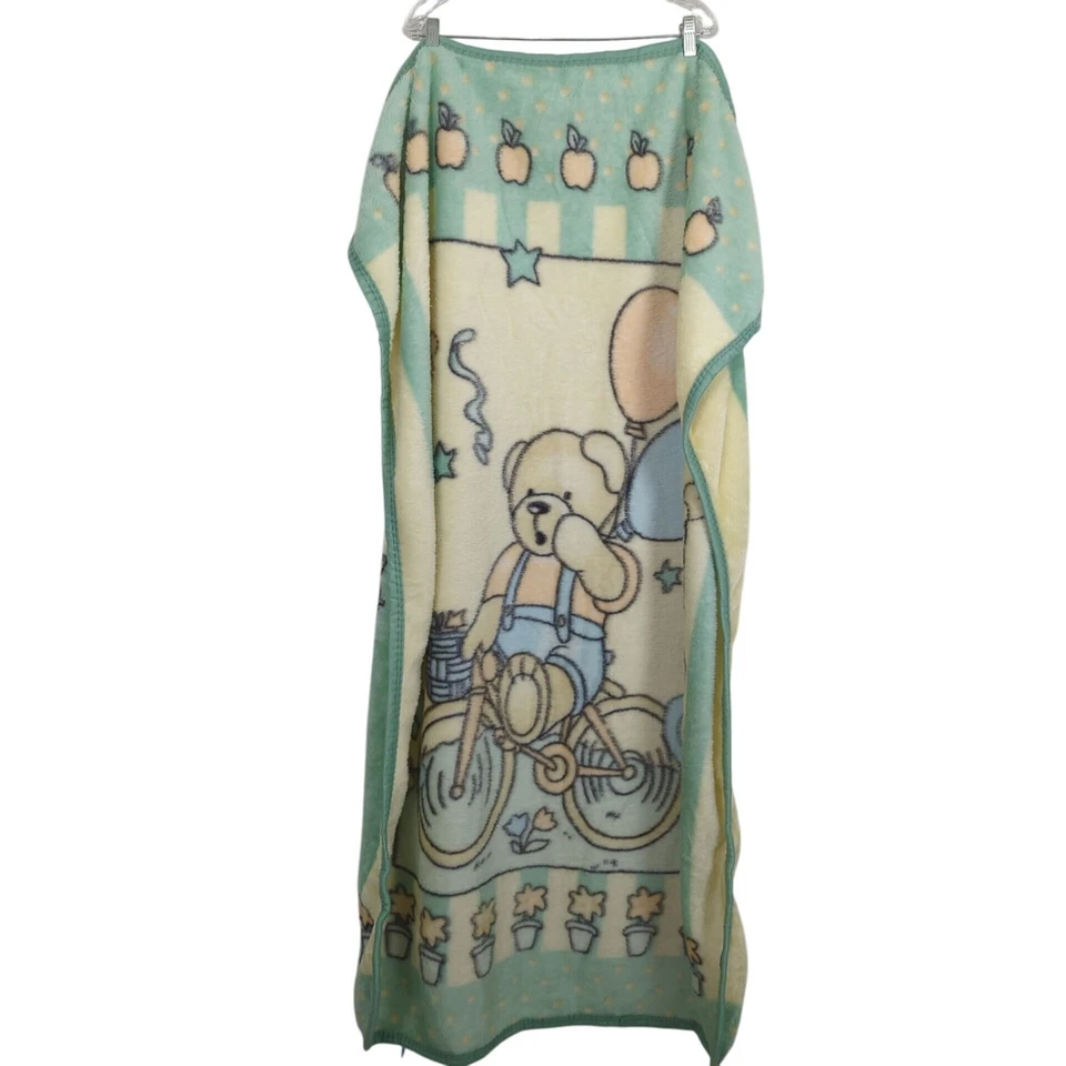 Vintage Teddy Bear Baby yellow blue Blanket Soft Fleece Balloons Bicycle Print - Image 3 of 4