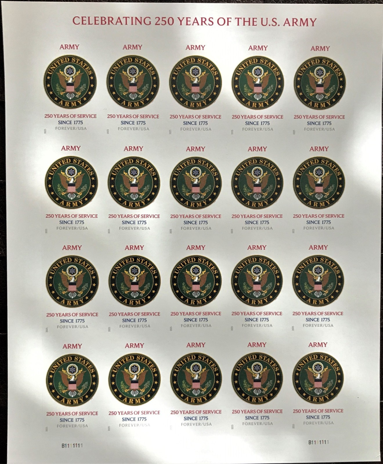 NDC 2025 IMPERFORATE ARMY 250th ANNIVERSARY NO DIE CUTS COMPLETE PANE OF 20