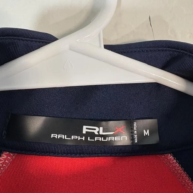 Pulôver masculino RLX Ralph Lauren médio azul marinho vermelho branco quarto de zíper listrado golfe - Imagem 3 de 4