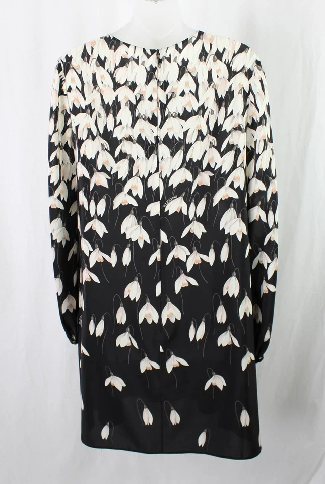 Valentino Women's Black White Peach Print Silk Long Sleeve Shift Dress 42 US 8 - Image 2 of 4