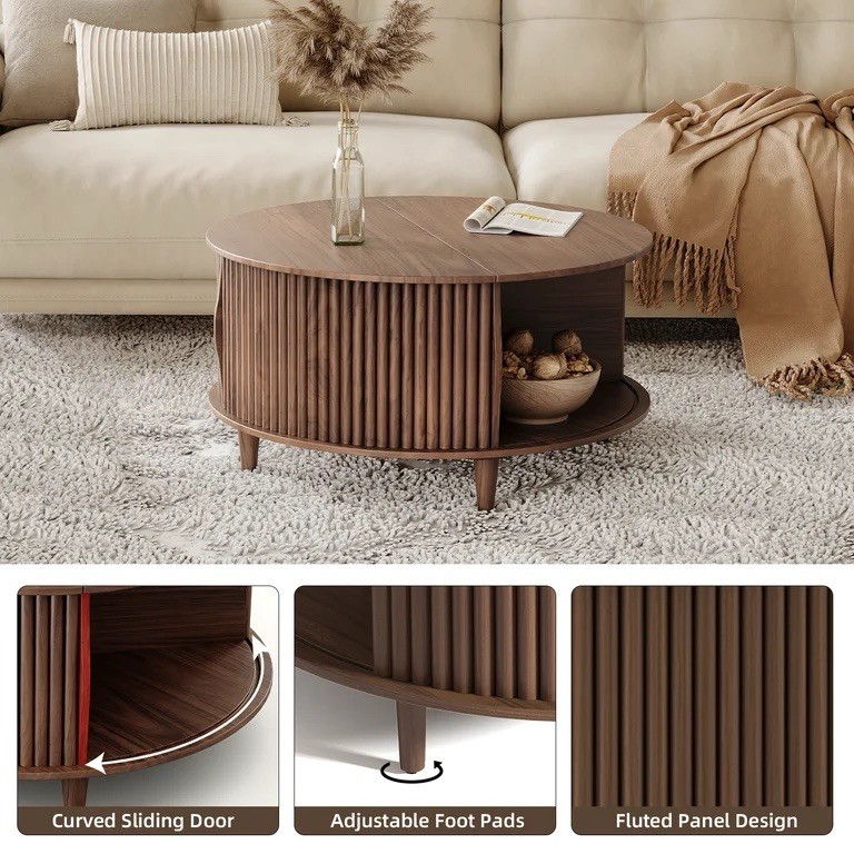 Joinice Round Coffee Table with Storage Mid Century Modern Table for ...