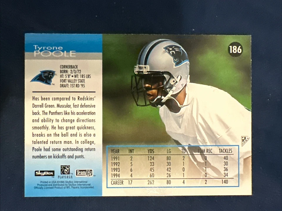 1995 Skybox Impact - #186 Tyrone Poole (RC) - Image 2 of 3