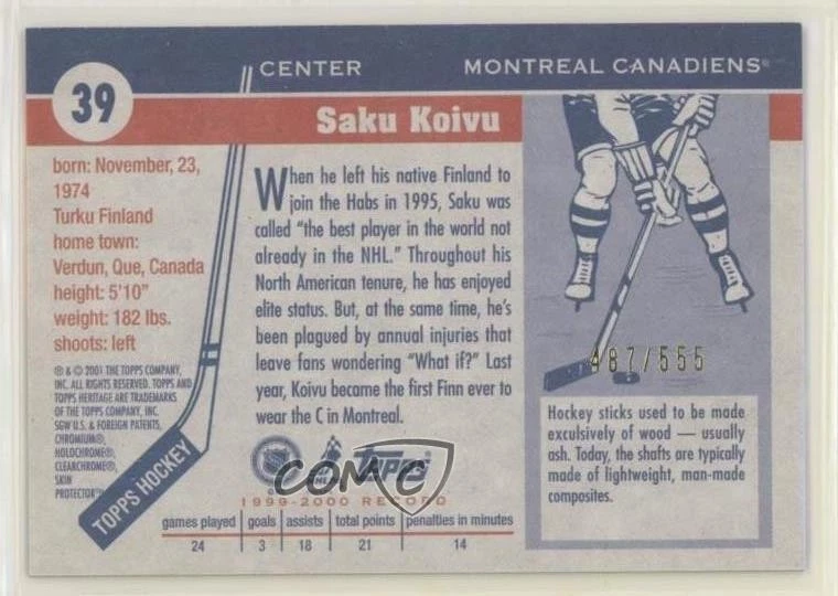 2000-01 Topps Heritage Chrome /555 Saku Koivu #39 - Image 2 of 2