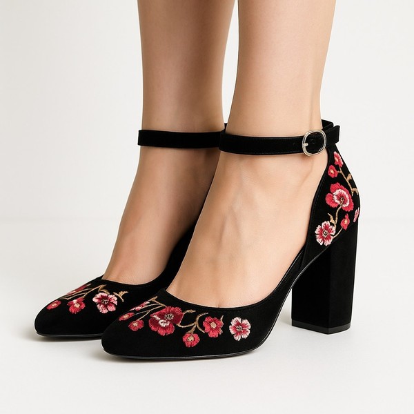 Zapatos Casa Blanca Mercado Negro “Piper” Gamuza Bordados Tacón Bloque Talla 7.5M