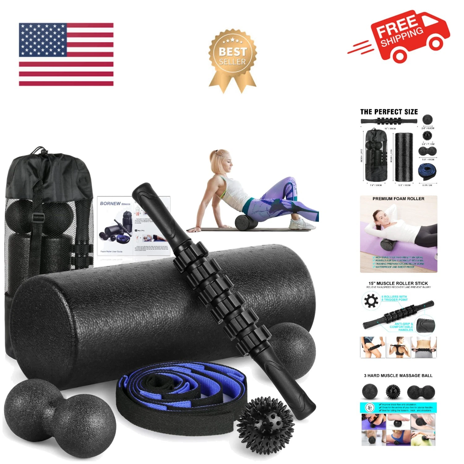 Foam Roller Set - High Density Back Roller, Muscle Roller Stick,2 Foot Fascii...