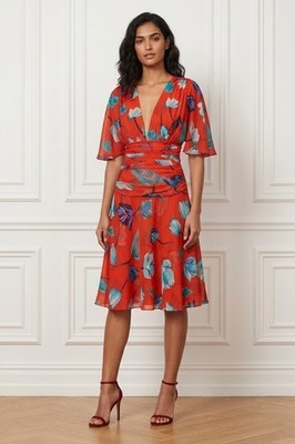 NWT Diane von Furstenberg DVF Flutter Sleeve Cinched Waist in Vermillion Dress M