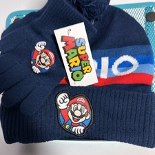 Nintendo Super Mario Beanie Navy Knit Hat /Gloves Embroidered Logo  Pom NEW