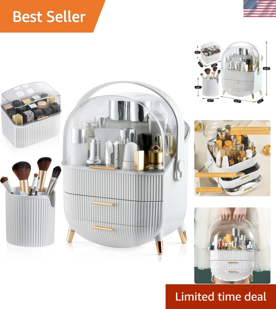 Portable Makeup Organizer with Transparent Lid & Non-Slip Feet for Easy Access