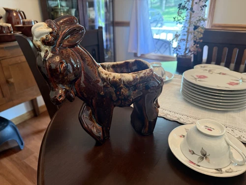 Vintage Mid Century McCoy Art Pottery Donkey Brown Drip Planter USA 10"