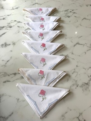 Vintage Embroidered Linen Napkins Set of 8 Pink Floral Handwork Scalloped Edge