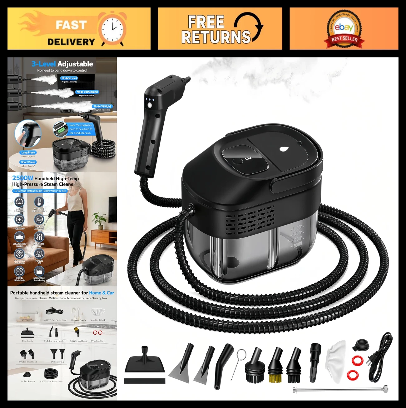 High-Power Handheld Steam Cleaner 2500W, 54oz Capacity, 15s Heat-Up, 15 Accessor