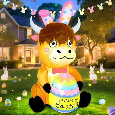 Easter Inflatable Outdoor Decorations 5FT Cute Highland Cow Holding Eggs Infl...