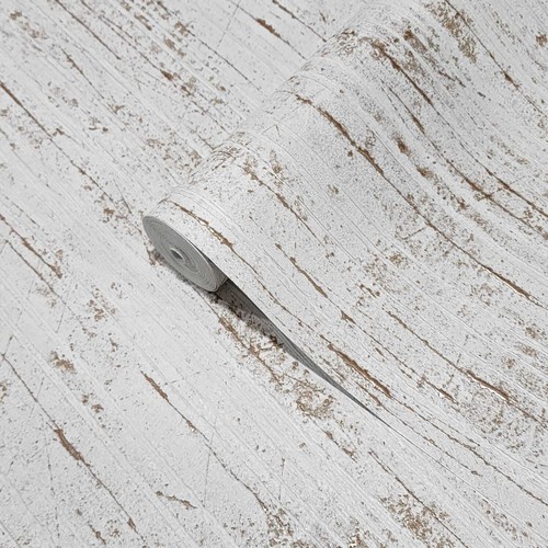 White metallic wallpaper with cracks and textured wood grain pattern, displayed on a light wooden surface.