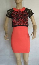 NEW TFNC CORAL BLACK LACE DETAIL PETER PAN COLLAR BODYCON DRESS SIZE 8-10 SMALL