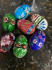 7 Piece Set Of Easter Hand-painted Wooden Eggs.