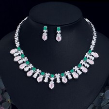 Silver Plated CZ Pink Green Flower Drop Necklace Earring Women Party Jewelry Set
