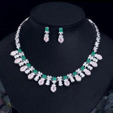 Silver Plated CZ Pink Green Flower Drop Necklace Earring Women Party Jewelry Set