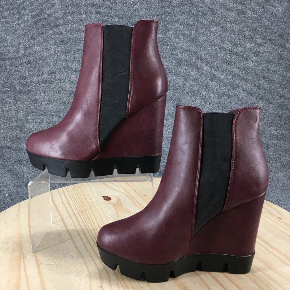 Botas femininas de bambu 8,5 invent Chelsea couro sintético borgonha salto cunha casual - Imagem 2 de 4