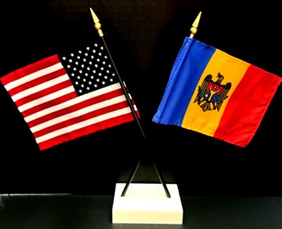 1 American & 1 Country Mini Rayon 4''x6'' Desk Flag Set with Crossed 2-Hole Base