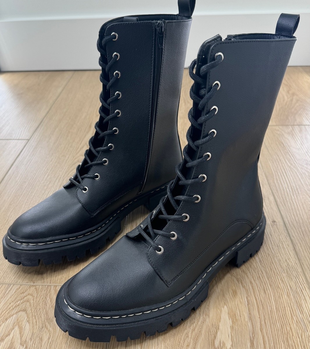 NAE Vegan Leather Boot 10 Eye Black Combat Mid Calf Shoes Sz 40