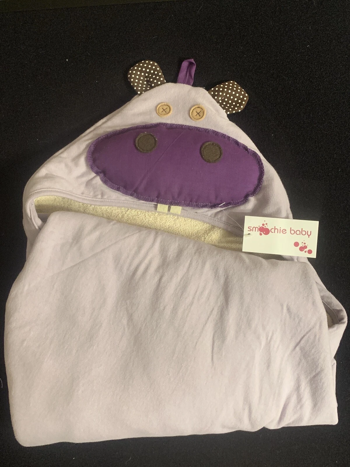 Smoochie Baby Purple Organic Cotton HIPPO Hooded Baby Towel NWT