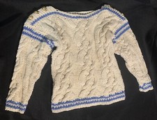 handmade vtg  crochet knit kids pullover sweater, Off white with light blue