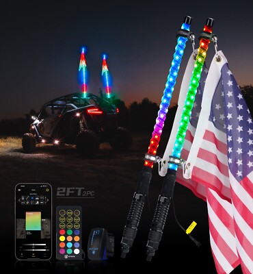 2PCS 2FT RGB Spiral LED Chasing Whip Light With Spring Base Turn Brake Reverse