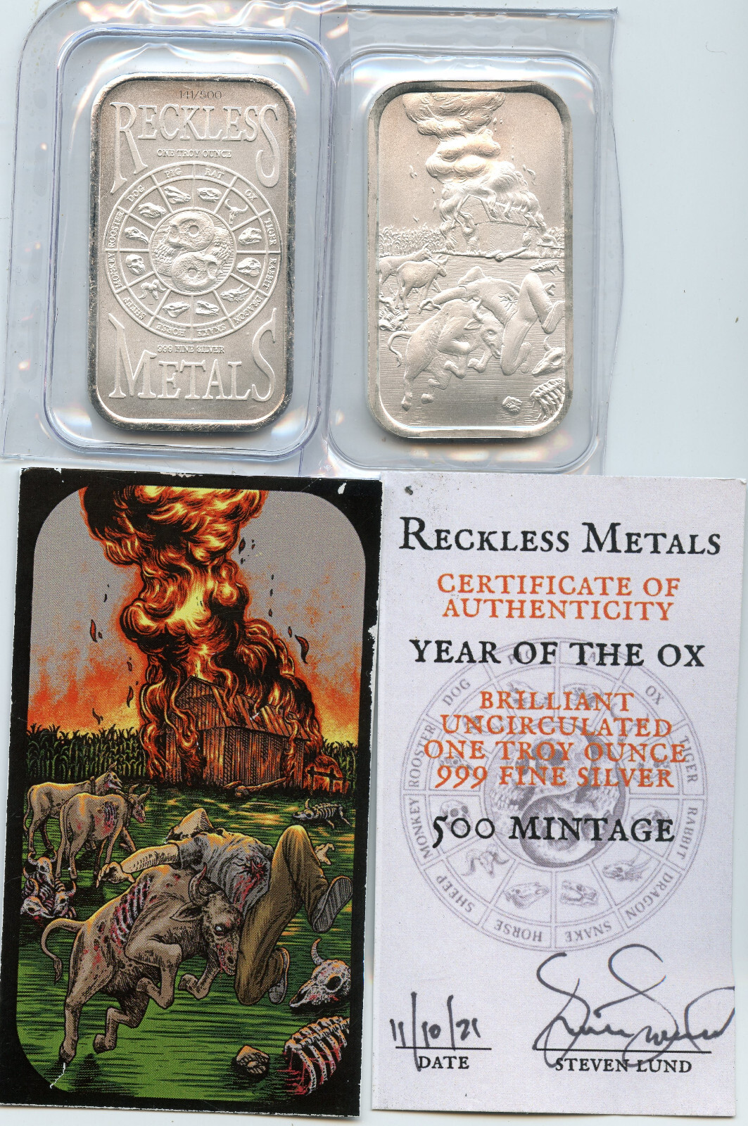 Reckless Metals Year of The Ox, B/U Uncirculated 1 troy oz of .999 Fine Silver**