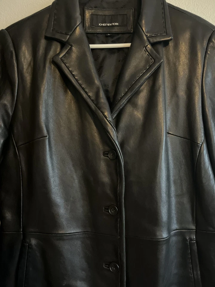 Blazer Jones New York de cuero para mujer grande negro 3 botones muesca solapa chaqueta Foto 2 de 4