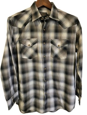 Pendleton Frontier Western Shirt Mens M Gray Black Plaid Pearl Snap Cotton