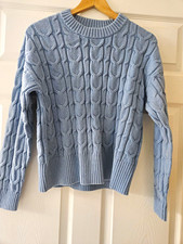 LOFT Women's S Blue Solid Cable Knit Crew Neck Long Sleeve Pullover Sweater